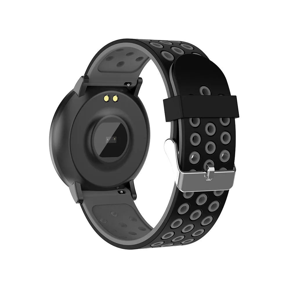 Sports smart bracelet with 1.3 inch screen and silicone strap in black colour option on white background