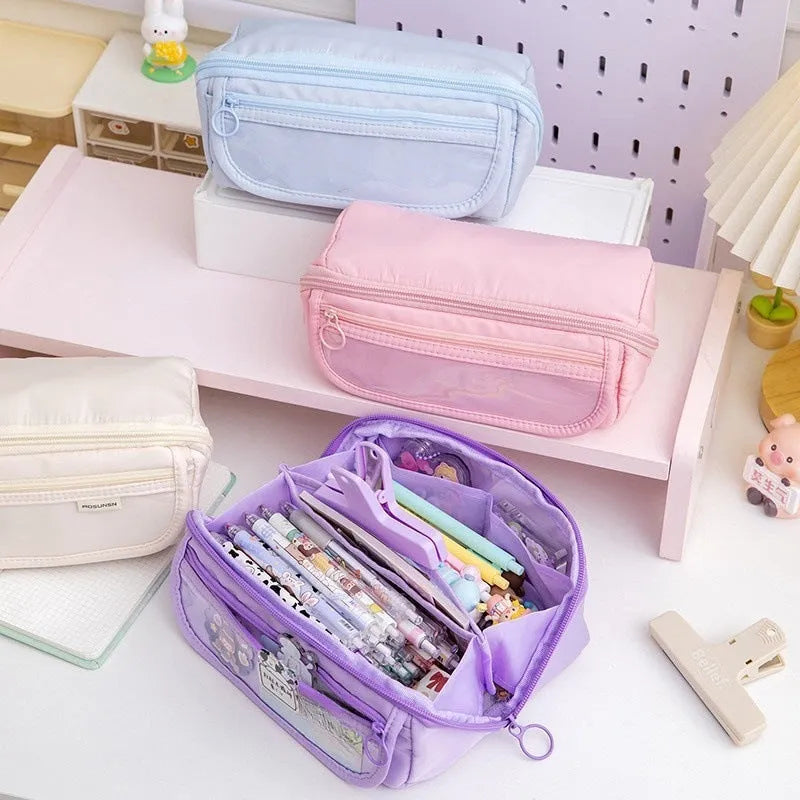 Ten-layer flip pencil case in canvas material showing multiple compartments in a choice of six colours.