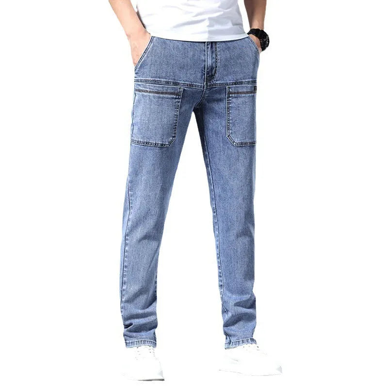 Men's straight-leg casual jeans in dark blue, showing multi pockets and mid waist fit