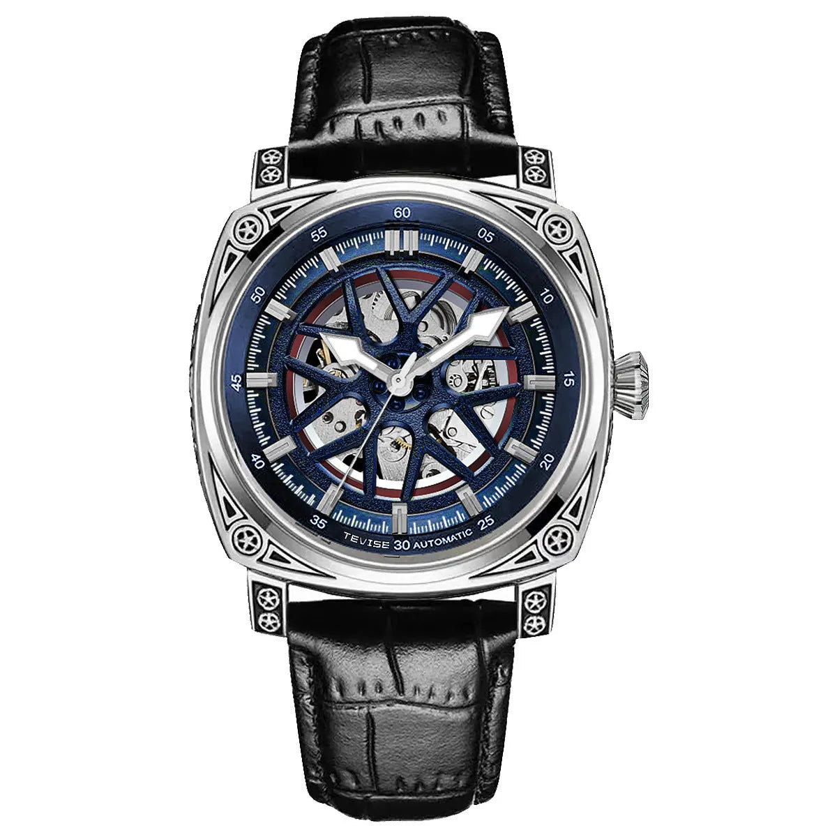 Men's automatic mechanical watch with stainless steel case and blue leather strap