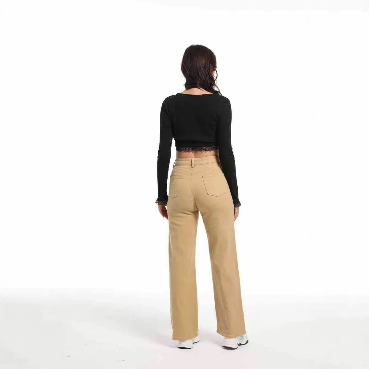 Women's high-waist wide-leg straight jeans in apricot colour, made from cotton.