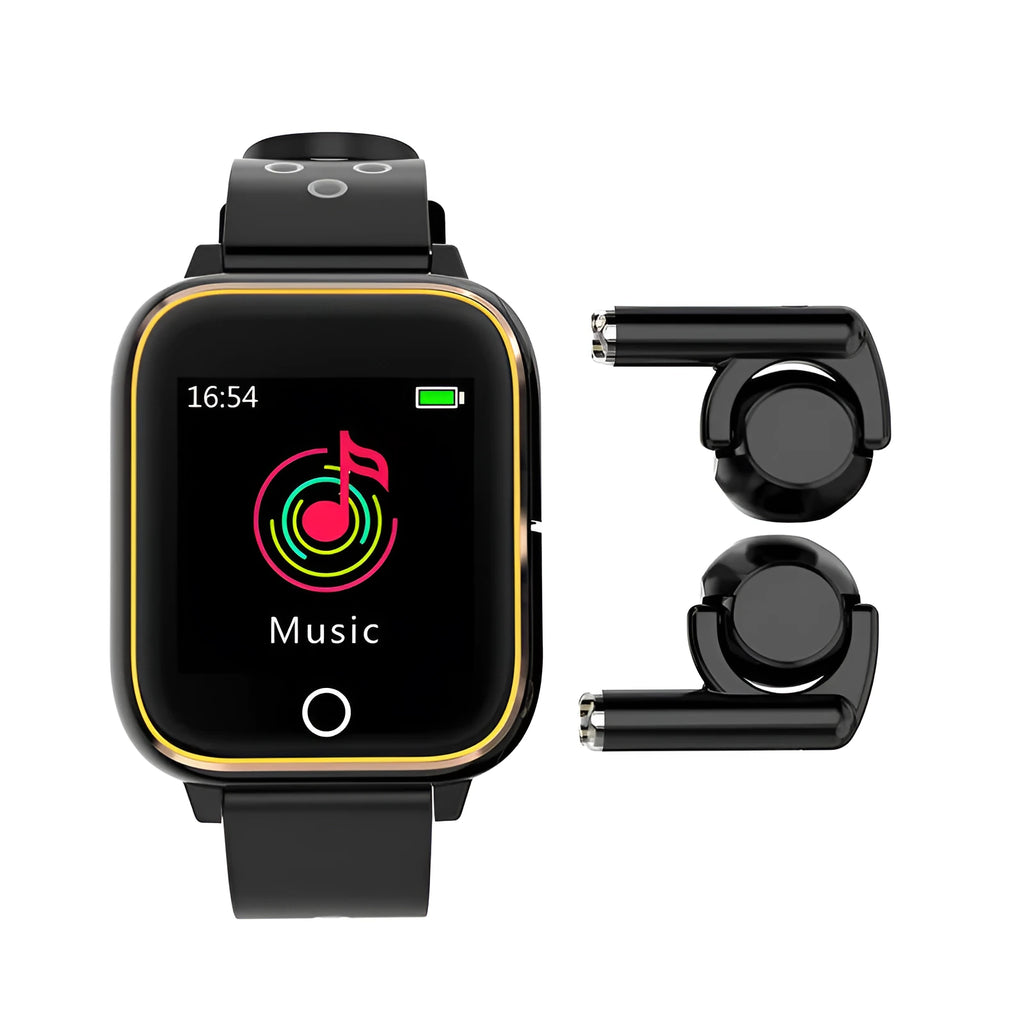 Black smartwatch with integrated Bluetooth earbuds showing 1.4-inch touchscreen display