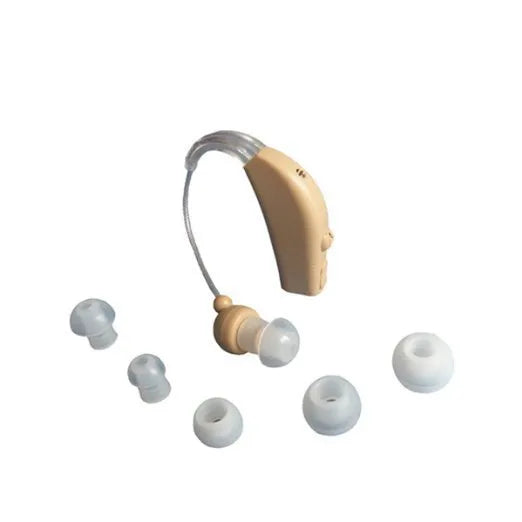 Mini digital behind-the-ear rechargeable hearing aid amplifier with UK and US plug options.