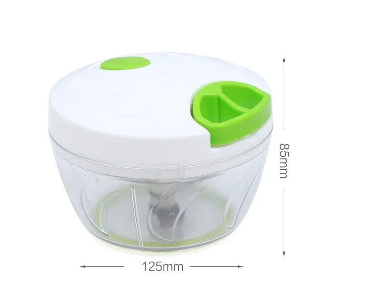 Green manual kitchen chopper with lid, three stainless steel blades, and a 500ml capacity container.