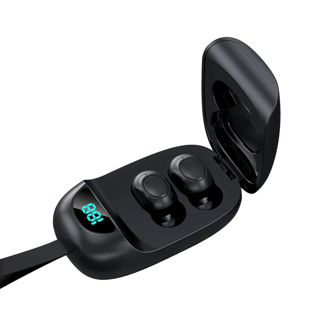 Black JS25 True Wireless Stereo Bluetooth headset with earbuds and charging case on a white background.