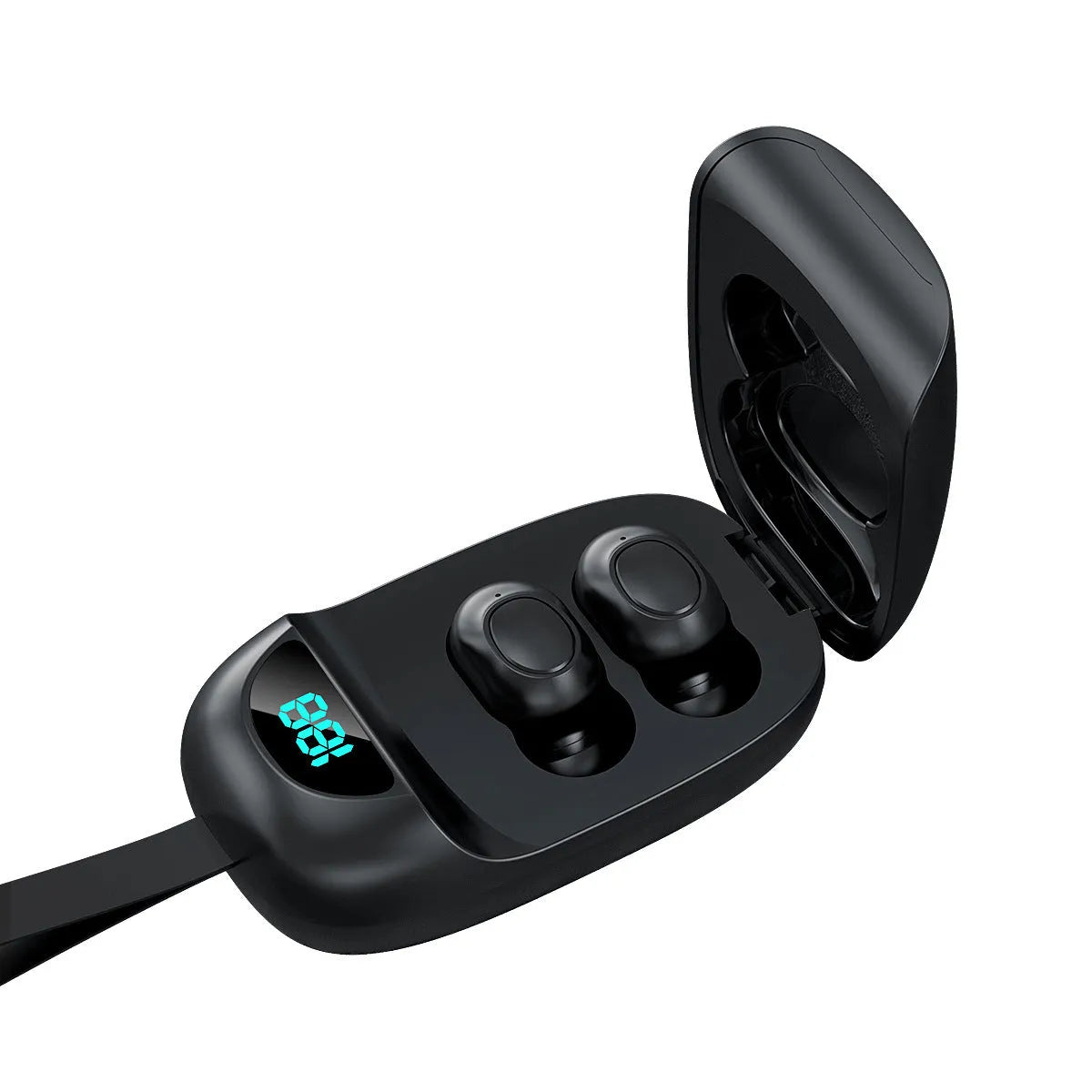 Black JS25 True Wireless Stereo Bluetooth headset with earbuds and charging case on a white background.