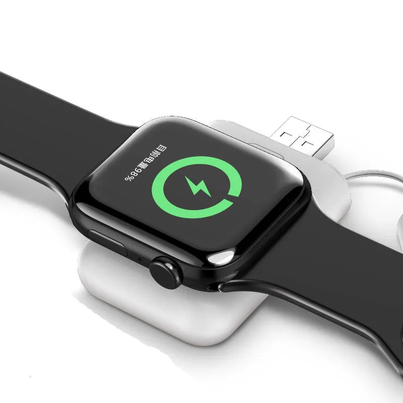 White compact wireless charger power bank for Apple Watch with magnetic pad and Micro USB input