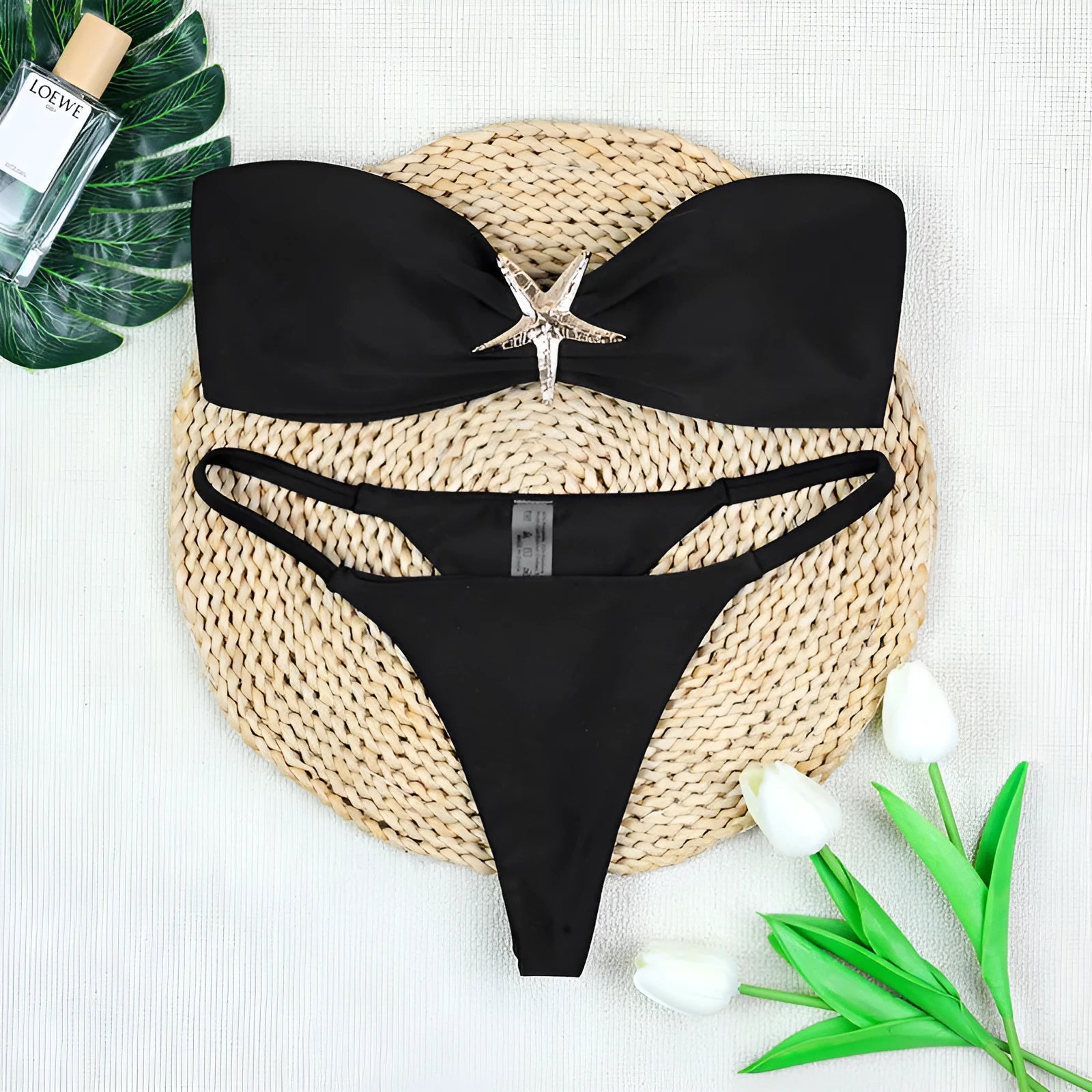 Women's tube top strap backless low waist bikini set in black white and blue nylon fabric with briefs style bottom