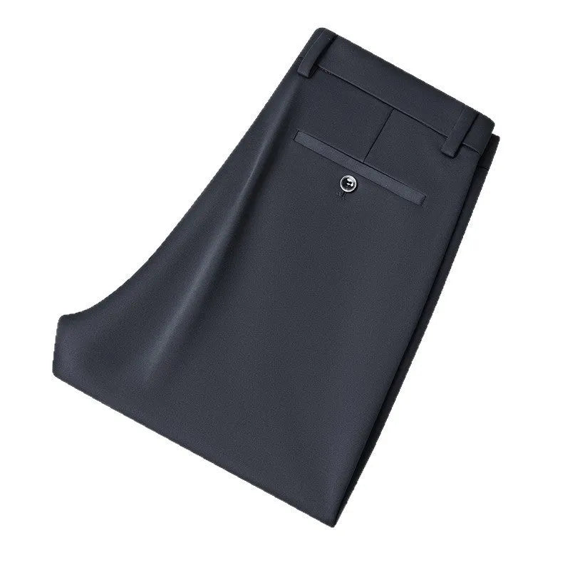 Men's straight-leg suit trousers in black elastic fabric, shown on a hanger.