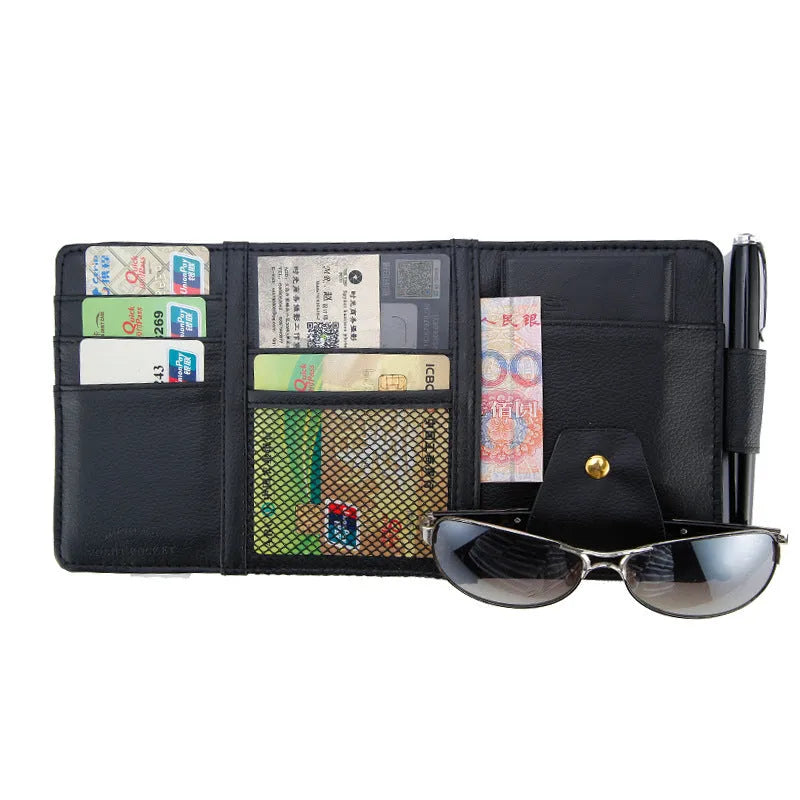 PU leather car sun visor clip organiser in black, grey and beige with slots for phone, sunglasses, CDs, and documents.