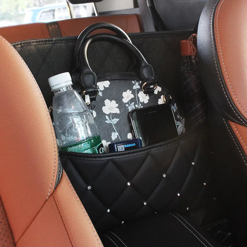 Rhinestone car storage bag in Star colour, PU leather between-seat organiser, sizes 18x10x21cm and 38x28x12cm