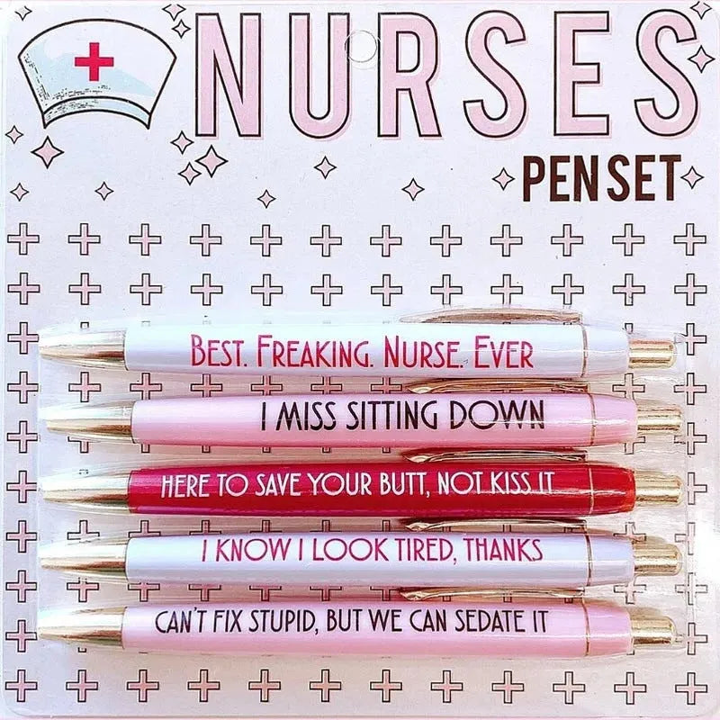 Five nurse-themed ballpoint pens with retractable mechanisms and printed medical copywriting