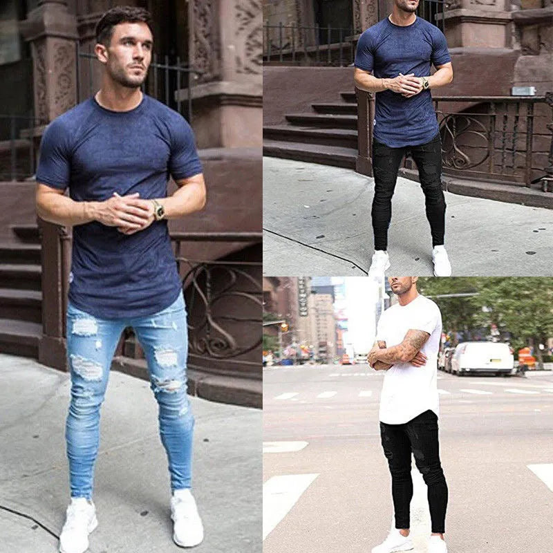 Men's high waist washed cotton denim pencil pants in black, skinny fit with zipper fly
