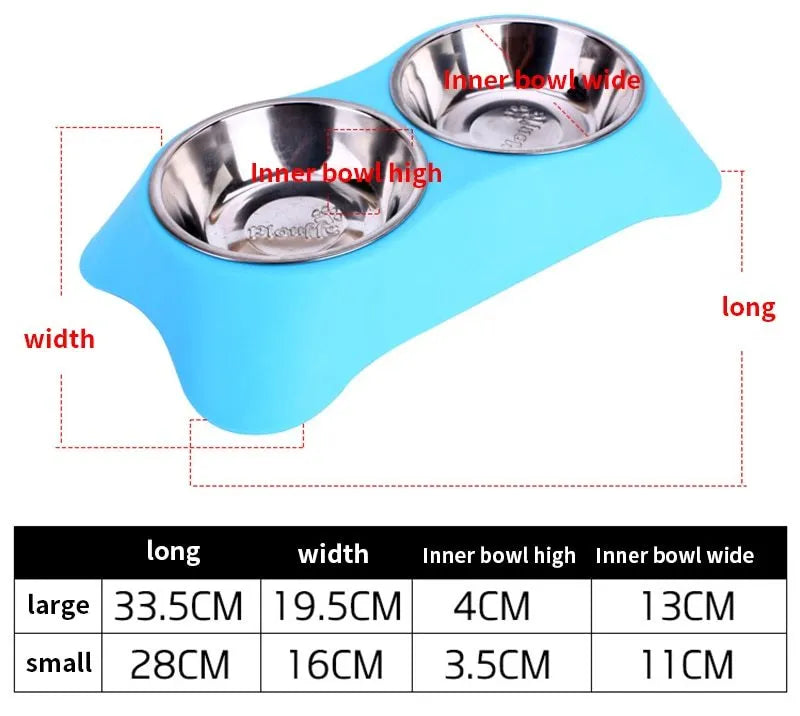 Silicone double pet bowl with stainless steel inserts and non-slip base, shown in Blue, Green, and Rose Red, sizes S and M