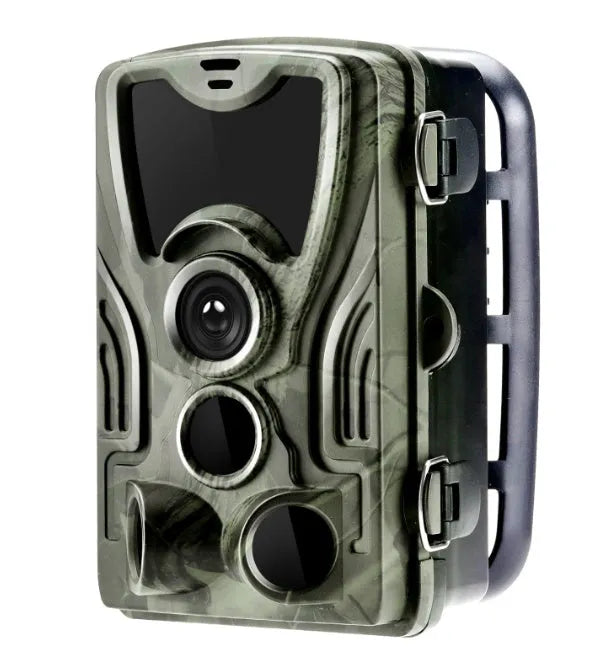 Green cellular trail hunting camera with belt mount showing 16MP sensor and IP65 waterproof rating