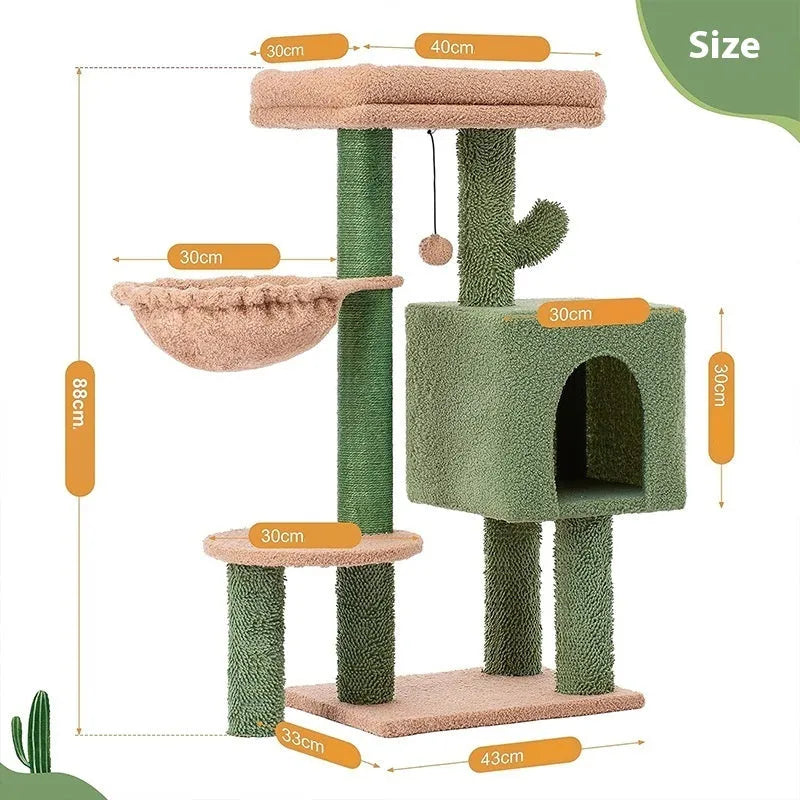 Wooden cat climbing frame with shelf and jumping platform in cactus green, 43x33x87cm dimensions