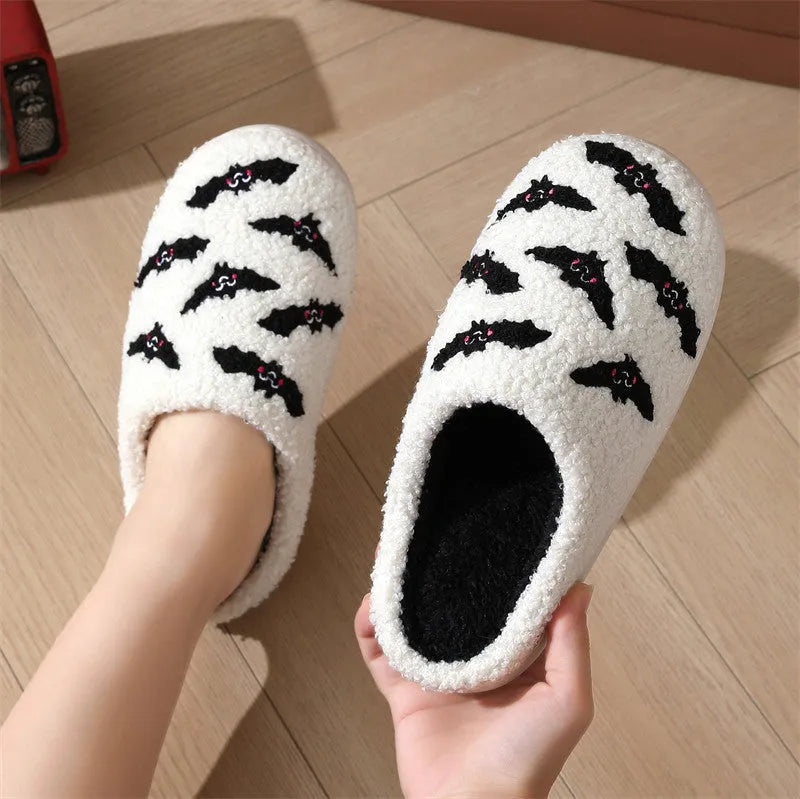 Halloween skull rose slippers with thickened plush upper and TPR sole, white background