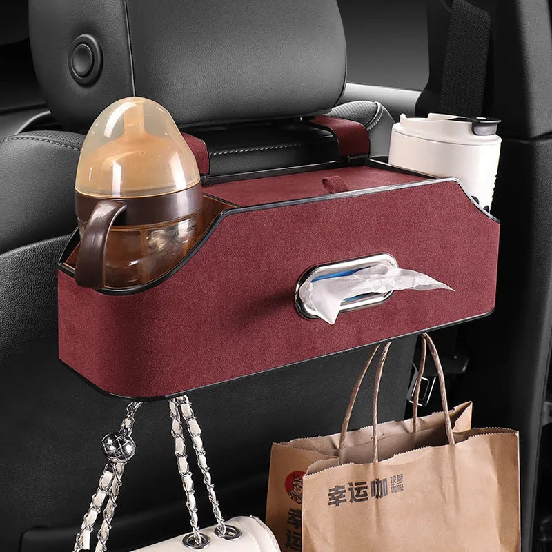 Genuine leather car tissue box storage organiser with built-in water cup holder in beige colour.
