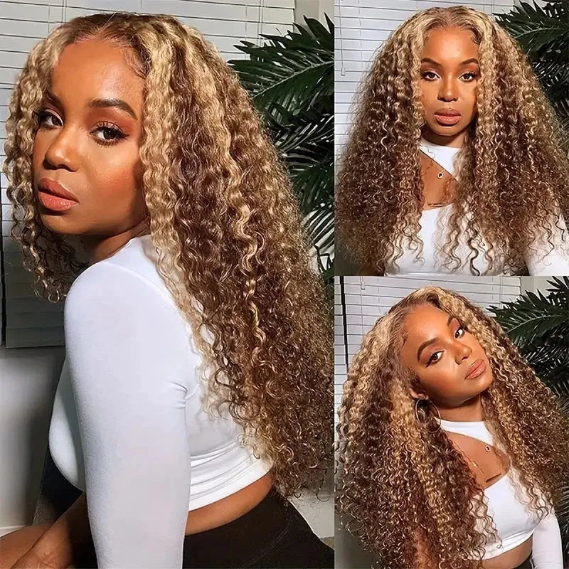 Lace wig with medium small volume highlight gradient long curly hair in light gold colour
