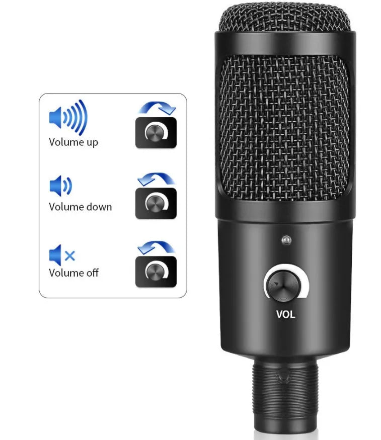 Black USB condenser microphone with integrated volume knob for laptop recording