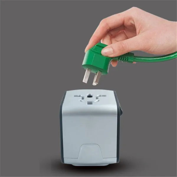 Multi-function travel socket adapter with USB, PC shell, 66x53x52mm, black