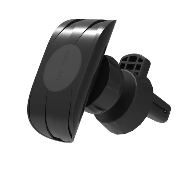 Matte black car phone holder clipped to vehicle air vent holding smartphone