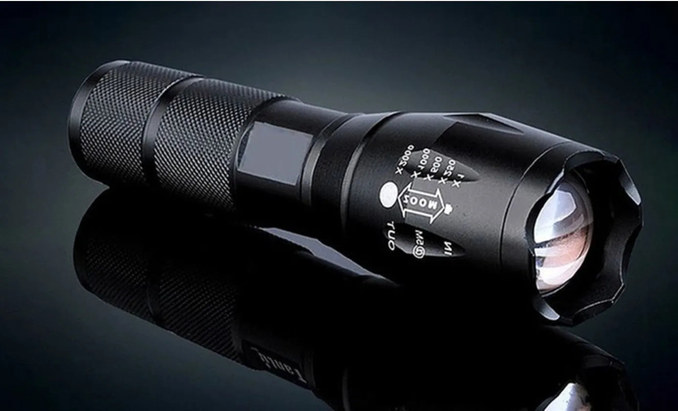 Black aluminium zoomable LED flashlight with adjustable focus ring and anti-skid body.