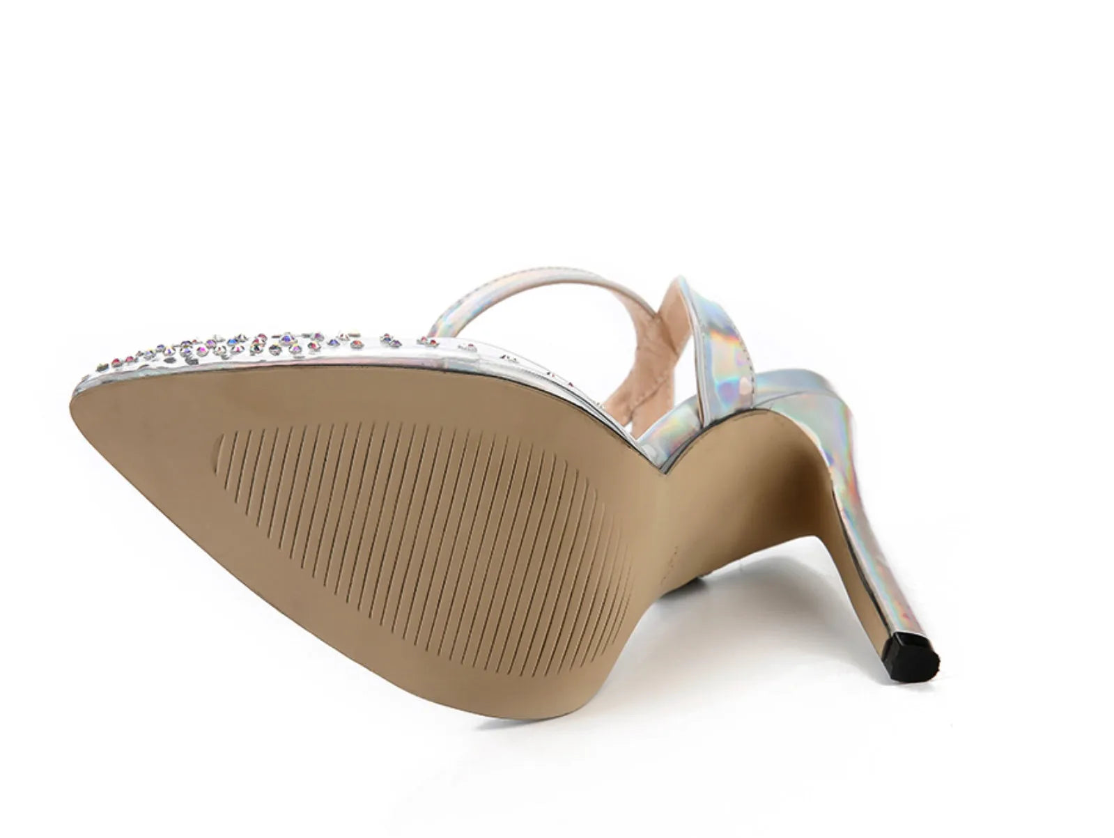 Women's pointed toe stiletto sandals with crystal diamond decoration on a PVC upper.