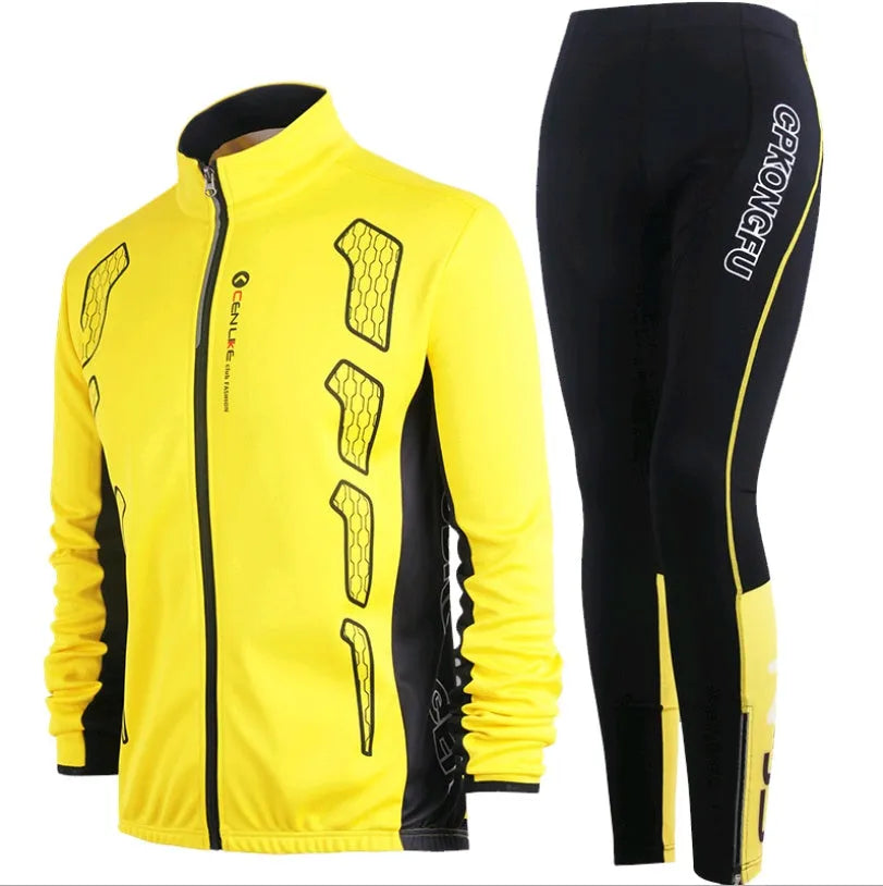 Long-sleeved polyester cycling suit for men and women in black or yellow, with jersey and trousers, sizes M to XXL