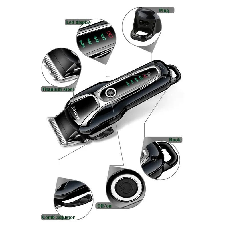 Black rechargeable pet shaver and clipper with 5W motor, patented mobile blade, and 120-minute runtime