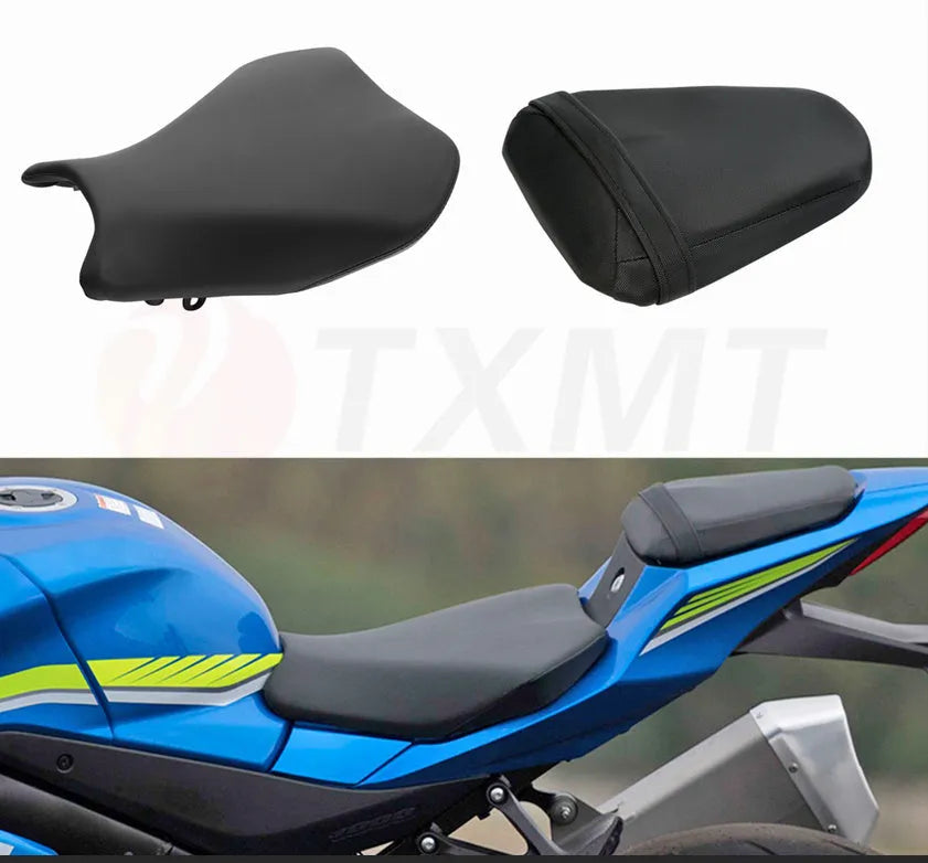 Suzuki GSXR1000 motorcycle with black PU leather seat covers fitted on front and rear.