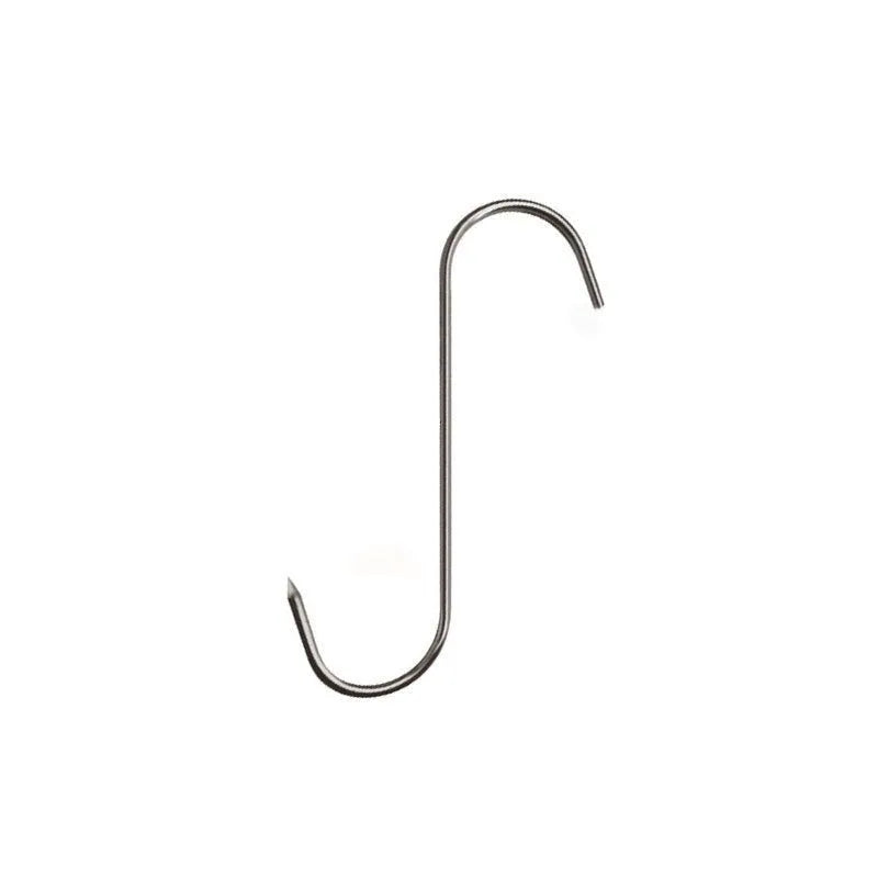 Stainless steel pointed S hook 13cm silver single hook on white background