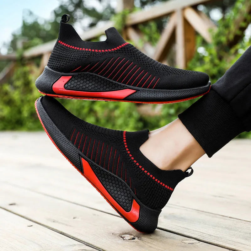 Men's breathable mesh sock shoes with flyknit upper and striped design in low-top slip-on style