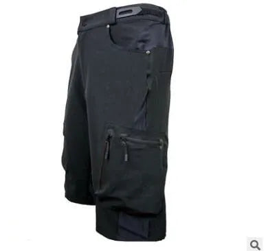 Outdoor cycling shorts in black with elastic waistband and side pockets on a plain background