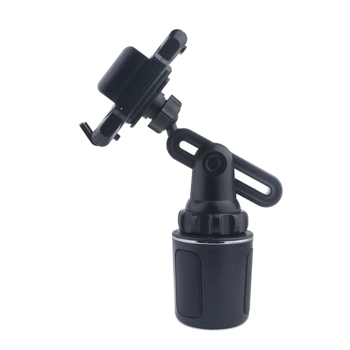 Black ABS car cup holder mobile phone holder with 360° rotation and adjustable height, fitted with foam padding.