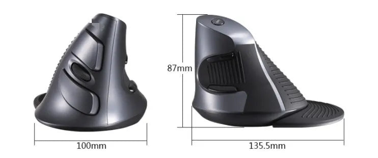 Black M618 wireless vertical ergonomic mouse shown at a 57-degree angle on a wooden desk.