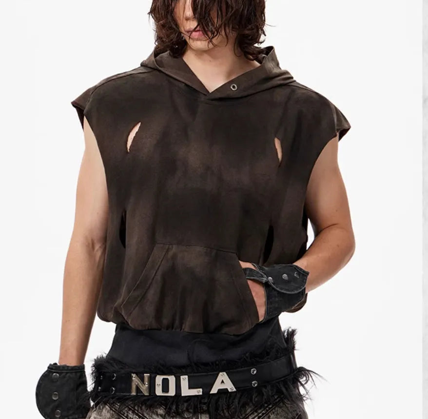Khaki coloured cotton short hood vest for teenagers on a size chart background.