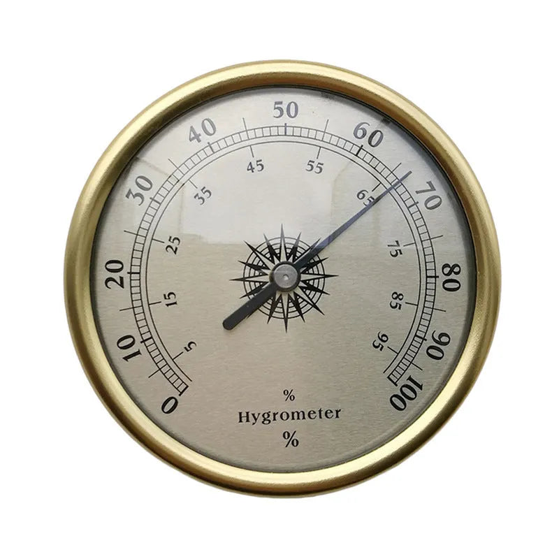 Aluminium analog thermometer and hygrometer with a circular dial for indoor and outdoor use.