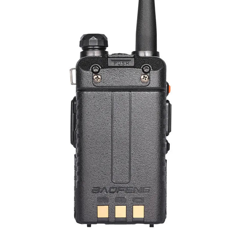 Professional black walkie talkie with antenna showing dual-band UHF VHF operation and 128 channel capacity