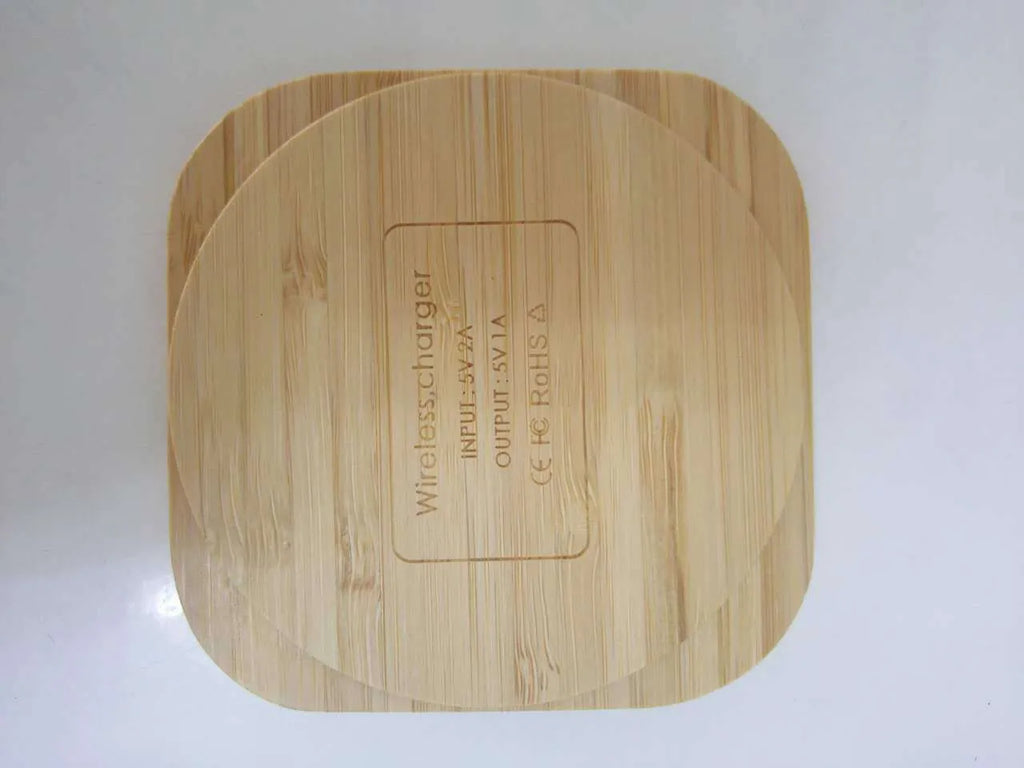 Square wooden bamboo wireless charging pad with brown colour showing dimensions 92mm x 92mm