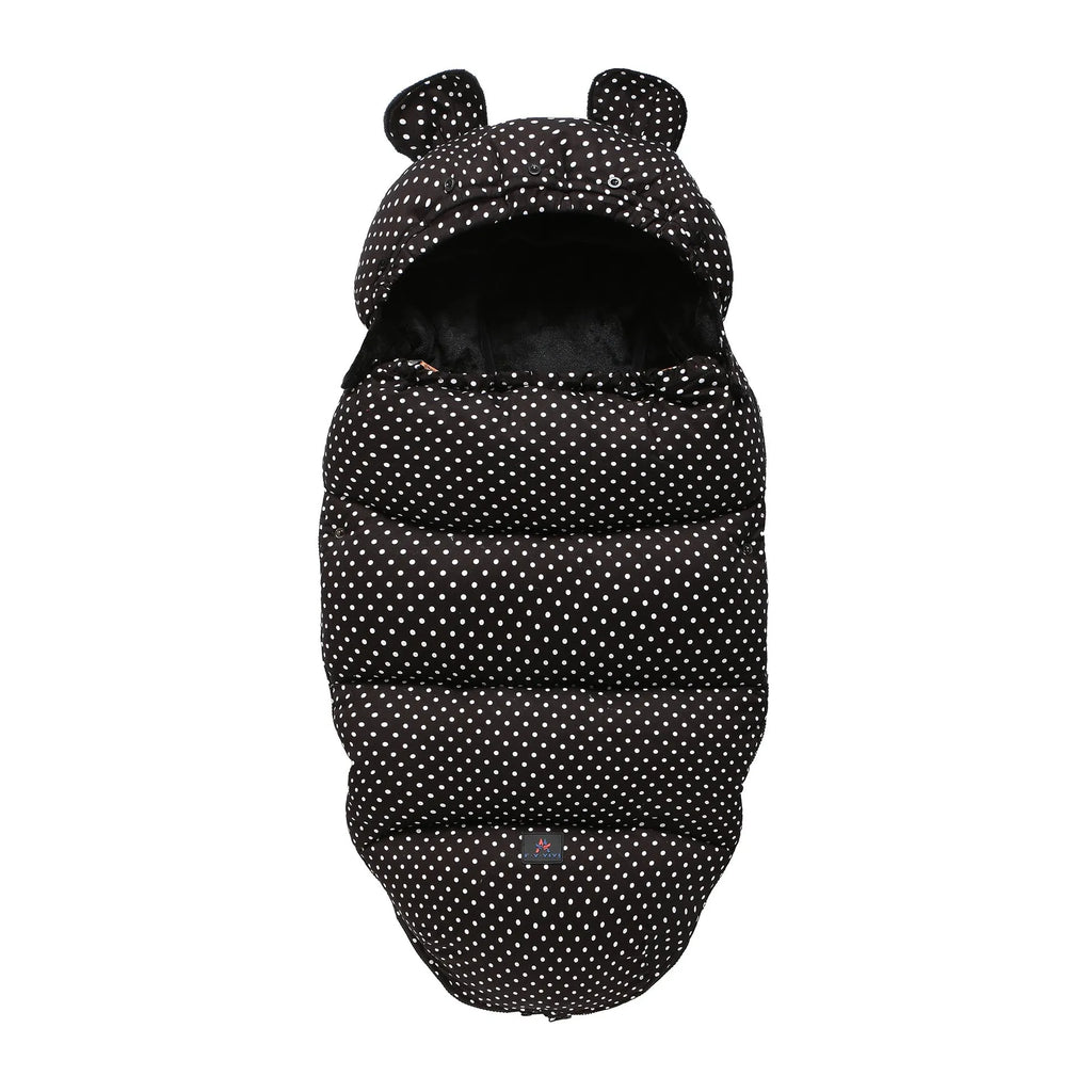 Silkworm cocoon style baby stroller sleeping bag in cotton blend fabric.