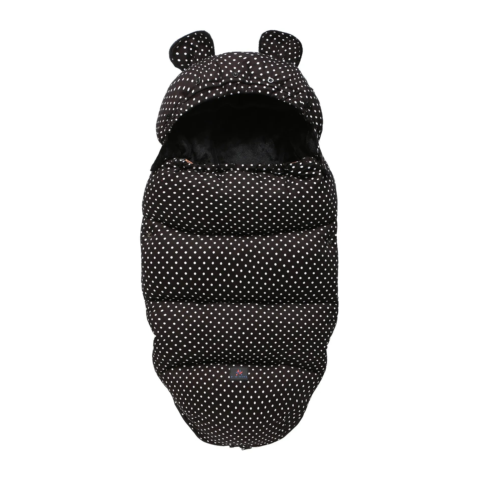 Silkworm cocoon style baby stroller sleeping bag in cotton blend fabric.