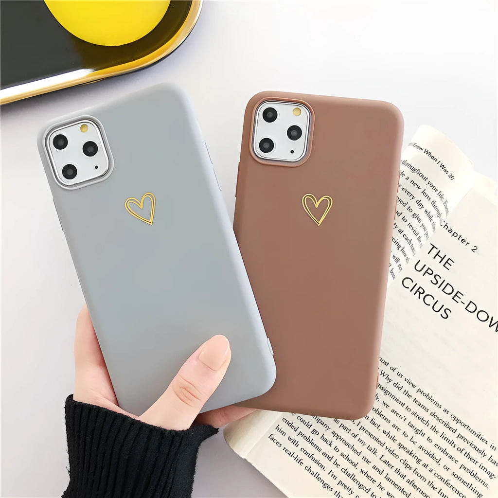 Hand painted love phone case in brown TPU matte feel with side lanyard holes and bronzing detail