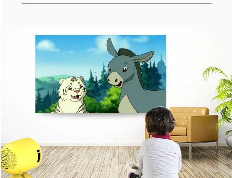 YG220 yellow and white LED projector showing front projection design with multiple international plug types