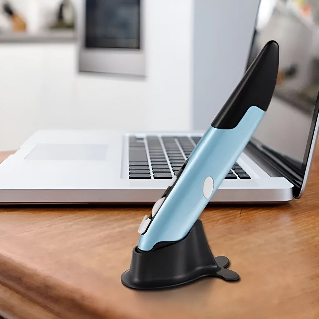 Wireless optical pen mouse in blue pen shape with USB receiver and support stand