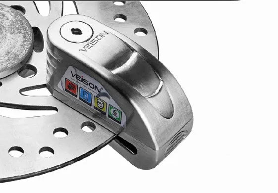 Alloy alarm disc brake lock with 6mm bolt, 55mm slot, Black or Silver, 130dB alarm, three keys