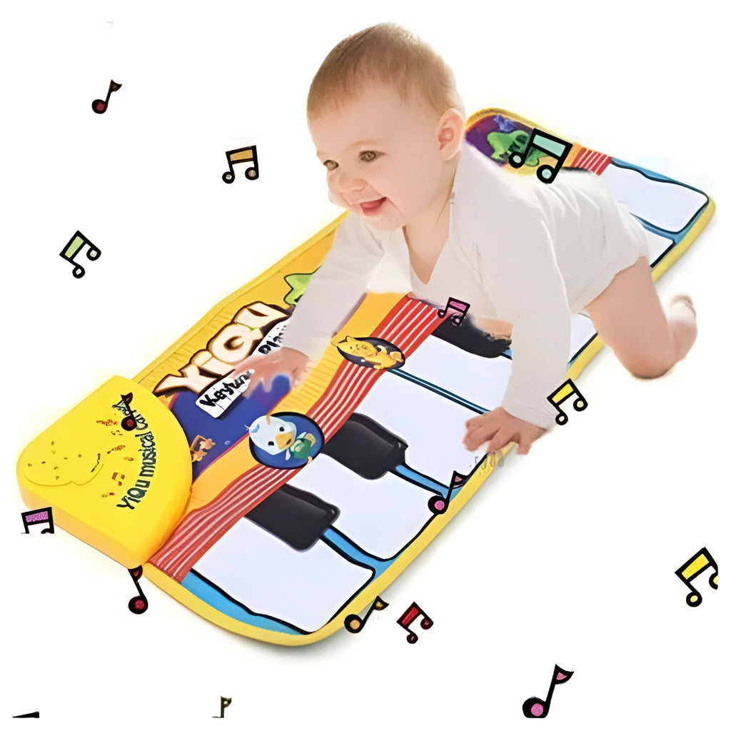 Baby musical piano playmat with colourful shapes and kick-activated placket on soft fabric floor mat