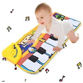 Baby musical piano playmat with colourful shapes and kick-activated placket on soft fabric floor mat