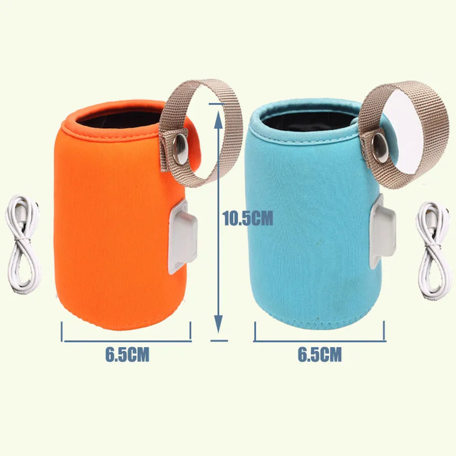 USB heated baby bottle warmer sleeve in blue, wrapped around a milk bottle showing its cotton and PC construction.