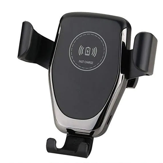Black car wireless phone charger mounted on ventilation vent with iPhone securely clamped